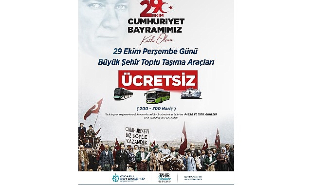 Kocaeli'de 29 Ekim'de toplu ulaşım ücretsiz Kocaeli'de 29 Ekim'de toplu ulaşım ücretsiz